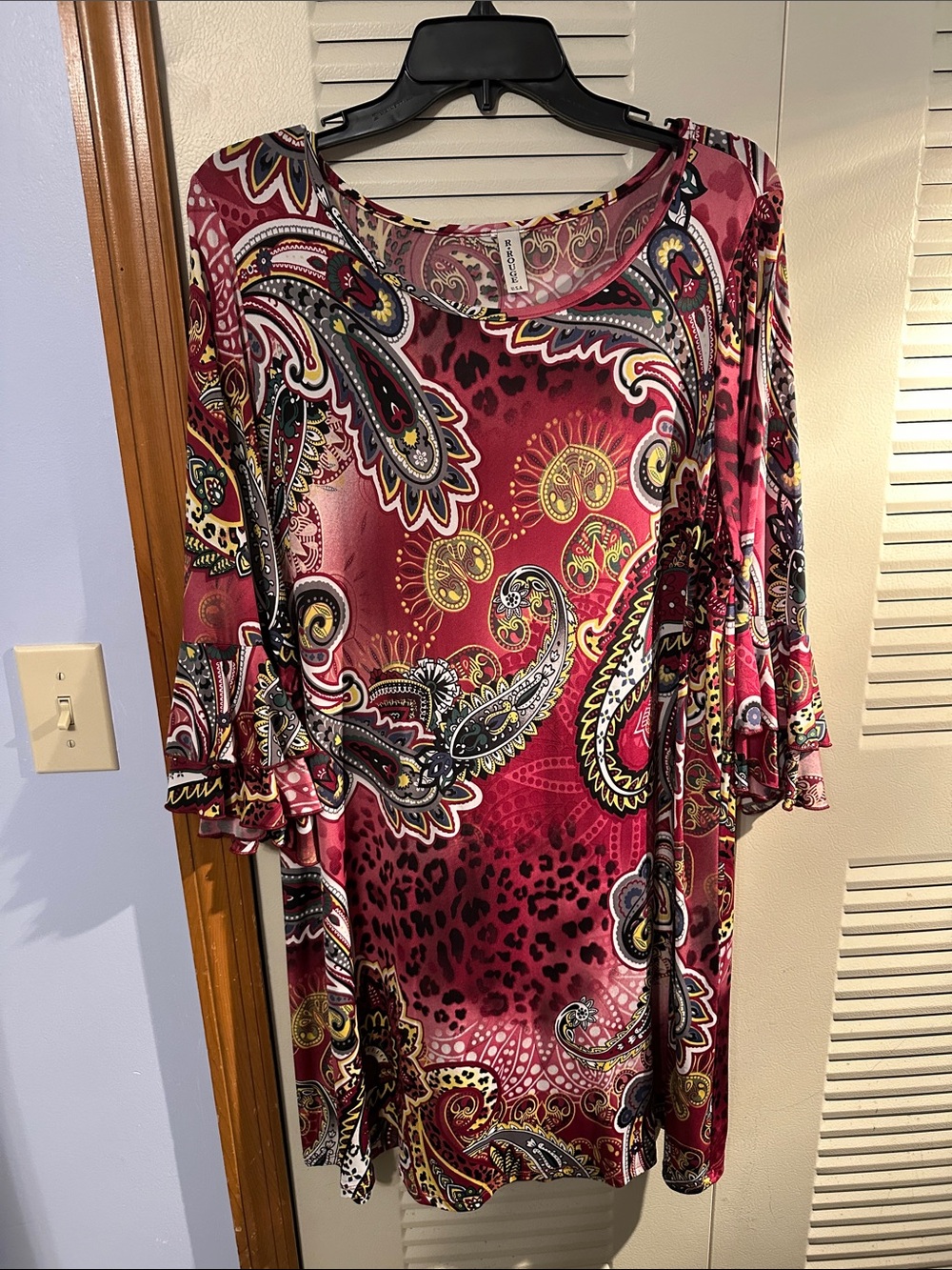 Rouge Helium Paisley Ruffle Sleeve Tunic dress in Wine, Taupe,Yellow and Black